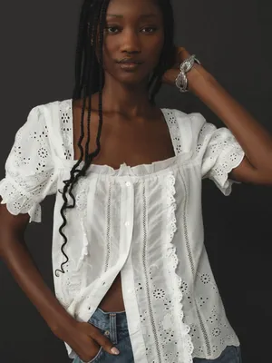 Anthropologie White Cotton Eyelet Puff Sleeve Button Front Blouse Size M thumbnail 1