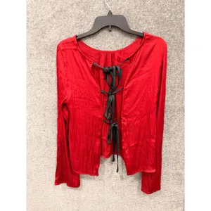Free People Women Top S Red Rubies Open Back Tie Detail Long Sleeve Satin Blouse thumbnail 2