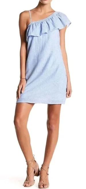 Beachlunchlounge‎ Blue White Pinstripe Linen One Shoulder Ruffle Mini Dress M thumbnail 1