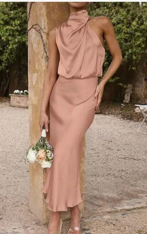 NEW Satin Dress Sleeveless Mock Neck Wedding Guest S thumbnail 4