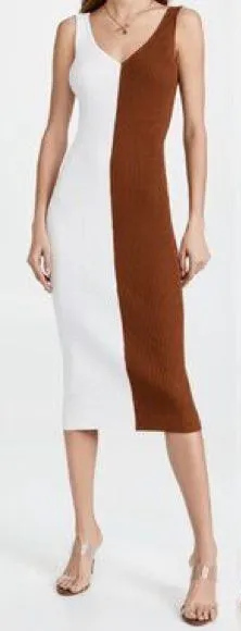 Staud Dana Colorblock Midi Sheath Dress in White and Brown thumbnail 1