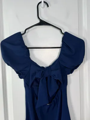 Altar'd State Navy Blue Ruched Off-the-Shoulder Bow-Back Mini Dress thumbnail 3