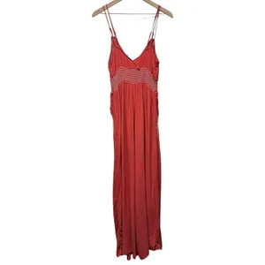 American‎ Eagle Wide Leg Jumpsuit M Sleeveless Boho Floral Embroidered Smock Red thumbnail 2