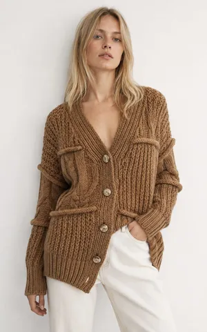 Leela & Lavender Oversized Tan Boyfriend Grandpa Cable Knit Cardigan Sweater L thumbnail 1