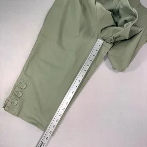 Womens Sage Green Cropped Capri Pants Elastic Back Button Hem Detail thumbnail 4