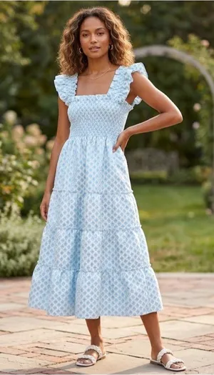 NWoT Hill House Ellie Nap Dress in Blue White Brocade Smocked Tiered Midi XS thumbnail 1
