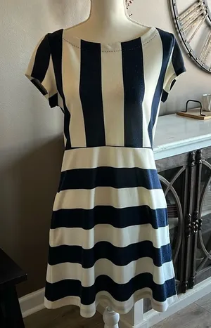 ANTHROPOLOGIE Postage Stamp Navy & White Striped Mini Dress Size Medium thumbnail 1