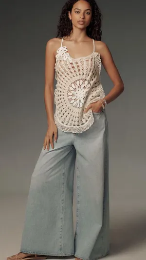 Anthropologie Neutral Natural Open Knit Pieced Crochet Sweater Tank Top thumbnail 1