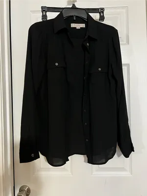 LOFT Black Sheer Button-Up Blouse thumbnail 2