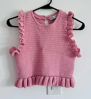 Zara Pink Ruffle Knit Crop Top Coquette Romantic Small thumbnail 1