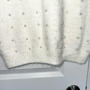 Pink Lily Small Ivory White Embellished Pearl Sweater Holiday Winter Mini Dress thumbnail 6