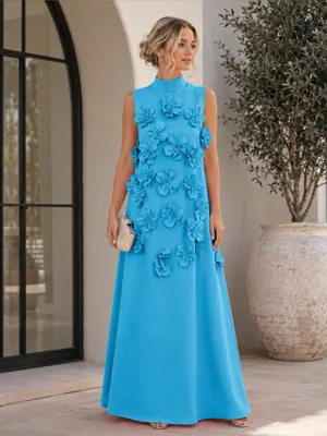 A Line High Neck Sleeveless Floor Length Stretch Crepe Dress With 3D Flowers thumbnail 3