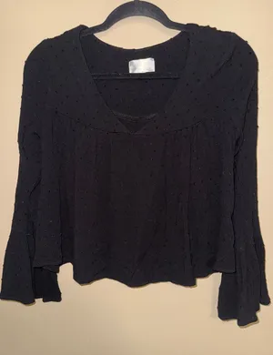 We My People Nordstrom black Swiss Dot Bell Sleeve Crop Boho Blouse Top S Witchy thumbnail 1