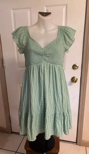 Large Thirty Thirty Sage Green Boho Peasant short sleeve mini Dress thumbnail 1