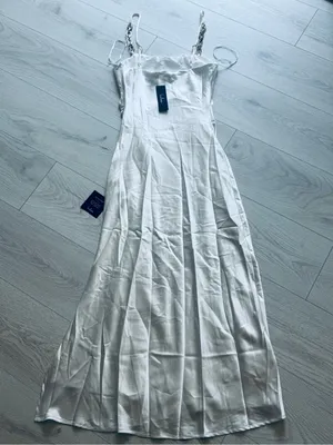Lulu's White Satin Chain Strap,Slip Midi with Side Slit Size Medium thumbnail 6