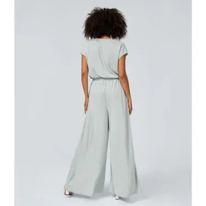Halara Short Sleeve Casual Wide Leg Flowy Waffle PullOn Jumpsuit Frost Haze XL thumbnail 3