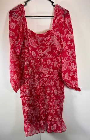 Sim & Sam Red Floral Smocked Ruffle Mini Dress Long Sleeve Medium thumbnail 1