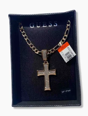 ⚜️✝️ NWT Guess Gold Plated Silver Glitteresque Effect Crucifixrion Cross Pendant Figaro Chain Necklace ✝️⚜️ thumbnail 1