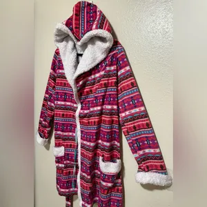Holiday Time Cozy Holiday Hooded Fleece Robe Sherpa Lined Plush Lounge Wrap | Pink Belted 2X thumbnail 3