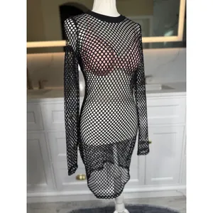 Hera Collection Fishnet Swim Cover Up Women S Black Long Sleeve Sheer Mesh Dress thumbnail 2