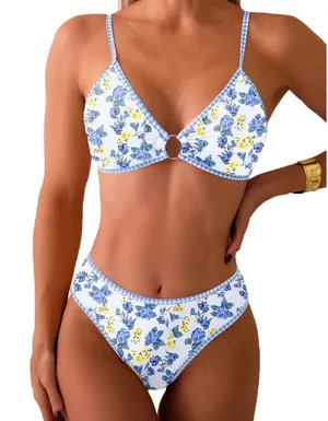 Tainehs Two Piece Bikini Set O Ring Top Floral Triangle Swimsuit Cheeky MEDIUM thumbnail 1
