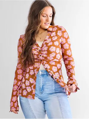 Women's Button Down Floral Shirts 2026 Summer Long Sleeve V Neck Sheer Mesh Tops thumbnail 1
