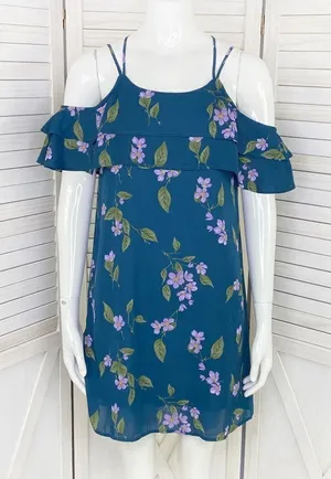 Mi Ami Francesca’s Floral‎ Cold Shoulder Tiered Ruffle Shift Dress Teal XS thumbnail 1