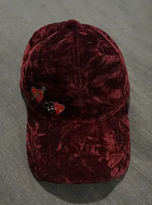 Crushed Velvet Burgundy Baseball Cap with Heart Pins thumbnail 1