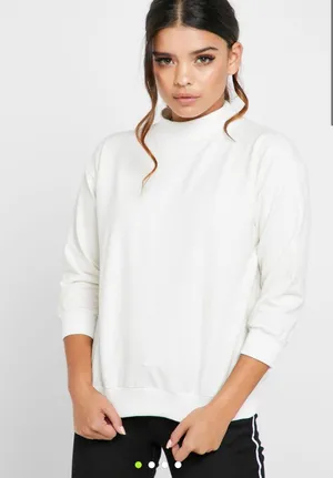 Lebina crew neck plain sweater with balloon sleeve in white thumbnail 1