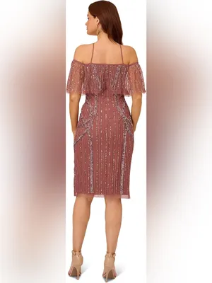 NWT Adrianna Papell Beaded Off Shoulder Midi Dress – Plum – 6 thumbnail 3