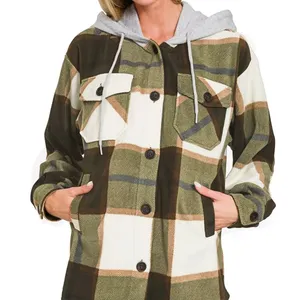 Zenana Plaid‎ Drawstring Hooded Fleece Shacket thumbnail 1