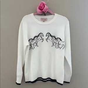 Philosophy White Crewneck Sweater with chocolate brown Horse Embroidery thumbnail 2