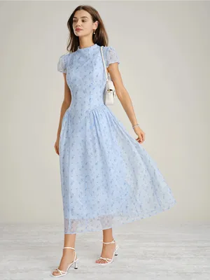 Rihoas Blue Mock Neck Floral Chiffon Maxi Dress thumbnail 4