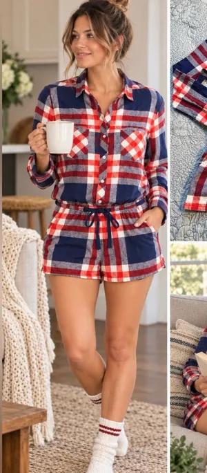 💥Aerie Plaid Flannel Pajama Romper Button Front Drawstring Red Navy Sz M💛 thumbnail 1