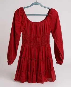 Altar'd State Mini Dress Cottagecore Red Smocked Tiered Long Sleeve‎ Medium NWT thumbnail 1