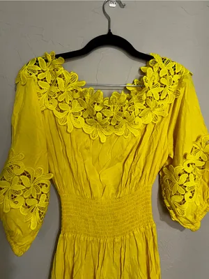 Gianni‎ Bini Yellow Off Shoulder Lace Trim Boho Peasant Spanish Vaca Mini Dress thumbnail 8