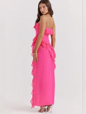 House of CB Sarina Ruffle Maxi Dress in Fuchsia Pink Size Small thumbnail 4