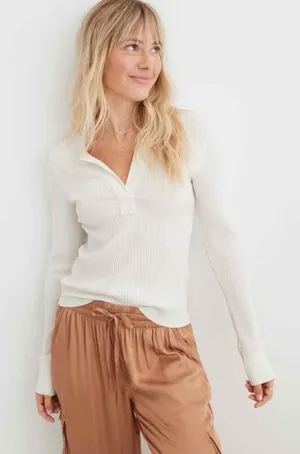Aerie Fireside Long Sleeve Henley T-Shirt Small White Ribbed Top thumbnail 1
