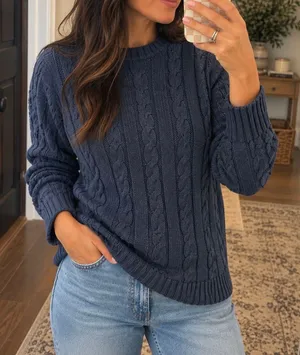 Lands’ End Navy Cable Knit Sweater M 10-12 100% Cotton Collegiate Preppy thumbnail 1