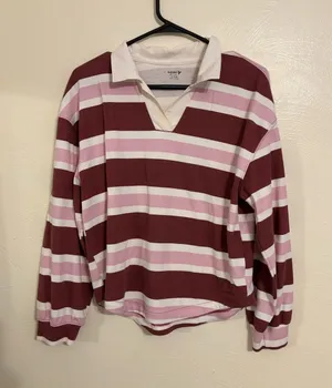 Old Navy Active Rugby Polo Shirt XL Pink Burgundy Striped Long Sleeve thumbnail 1