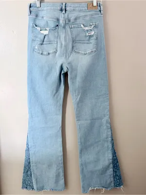 American Eagle Super Hi-Rise Flare Jeans Distressed Patchwork Size 10 Regular thumbnail 2