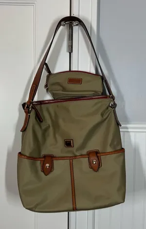 Dooney and Bourke Taupe Khaki Olive Wayfarer Sac Hobo Bag &‎ Matching Pouch thumbnail 1