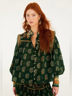 Farm Rio Green Tayla Lace Buttoned Puff Sleeve Blouse S thumbnail 3