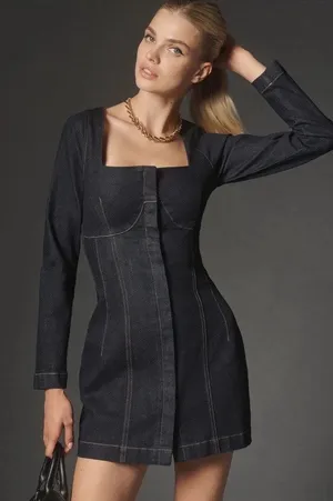 Anthro SOVERE Dusk Denim Mini Dress Ink Blue M NWT thumbnail 1