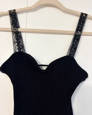 Zara Black Ribbed Bodysuit with Lace Straps thumbnail 1