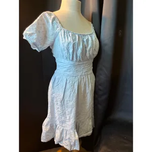 Sincerely Jules Light Blue Eyelet Mini Dress Puff Sleeve Tie Back‎ Smocked Waist thumbnail 3