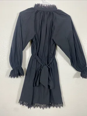 Girls' Black Long-Sleeve Lace-Trim Smocked Waist Dress Size12 100%Organic cotton thumbnail 7