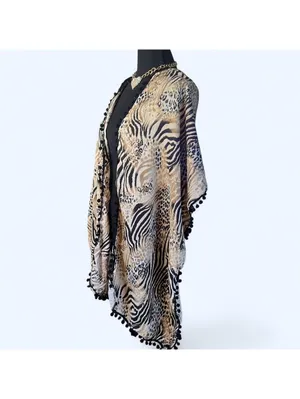 American Vintage Vintage Y2K Print Zebra Leopard Pom Pom Shawl Wrap Kimono Cover Up One Size 🤎 thumbnail 5