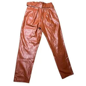 Womens Faux Leather‎ Pants High Waist Brown Paper Bag Waist Belted Trousers thumbnail 2