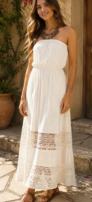 Sweet Journey Beige Lace Trim Maxi Dress Resortwear Sleeveless Vacation S Boho Beach Cruise thumbnail 1
